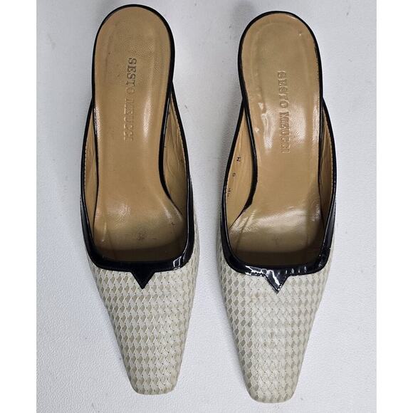 Sesto Meucci Mules Beige White Checkered Print Leather Slip On Heels Size 8 - Picture 5 of 11